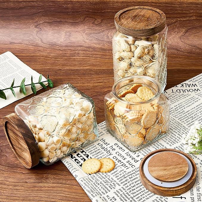 Gerrii 5 Pcs Begonia Pattern Square Vintage Glass Food Storage Containers 17/24/34 oz Glass Jar with Lid Airtight Candy Jar Food Canisters for Kitchen Counter Pantry Coffee Tea Beans