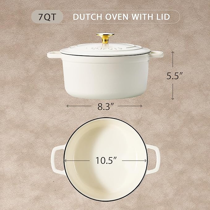 CAROTE 7QT Enameled Cast Iron Dutch Oven Pot with Lid, Heavy-Duty Dutch Ovens for Sourdough Bread Baking, Braising, Stews, Roasting, Healthy & Non-Toxic, Dual Handles, All Stovetop Compatible, Oven Safe up to 500° F, Cream White