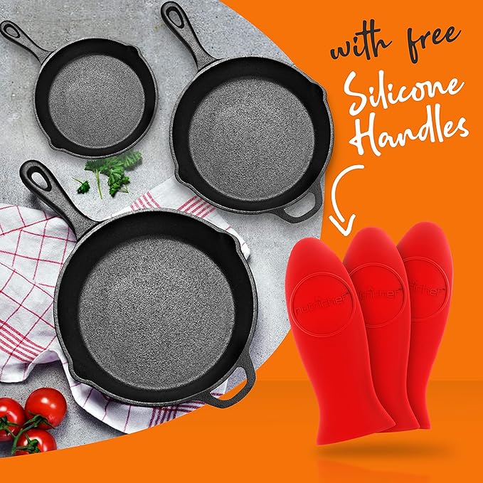 NutriChef 3pc Cast Iron Skillets - Pre-Seasoned Cast Iron Cookware with Drip Spout, Silicone Handles, For All Cooktops