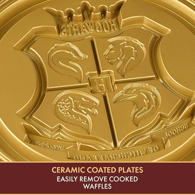 Warner Brothers Harry Potter Round Waffle Maker by Select Brands - Ceramic Coated Cooking Plates - Imprints Hogwarts Crest on Waffles, Black and Gold, WBH-250WM
