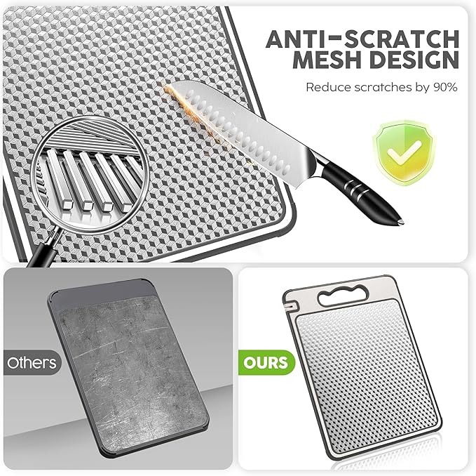 Stainless Steel Cutting Board for Kitchen, Scratch Resistant Mesh Design, Reversible 304 Stainless Steel & Wheat Straw, Non Toxic Chopping Board for Meat, Dishwasher Safe, 14.4"*9.8",1Pcs Grey