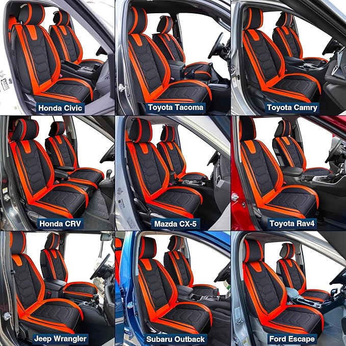OASIS AUTO Car Seat Covers Front Seats, Sporty Honeycomb Waterproof Faux Leather Protectors, Universal Fit for SUV, Sedan, Truck Interior Accessories (OS-004 Black&Orange)