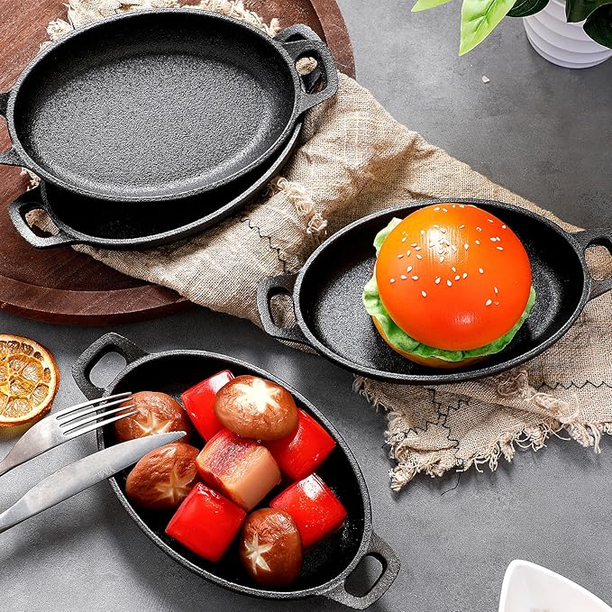 Mifoci 8 Pack Mini Cast Iron Fajita Skillet, 7.1" x 4.7" Oval Sizzling Steak Plate Pan Small Ramekin Set Black Casserole Dish for Stove Oven Grill Restaurant Kitchen Indoor Outdoor Picnic