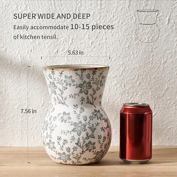 JIEMEI HOME Kitchen Utensil Holder, 7.56" Ceramic Large Rustic Utensil Crock for Countertop, Farmhouse Cooking Tool Organizer, Spatula Holder For Kitchen Decor, Gray Floral