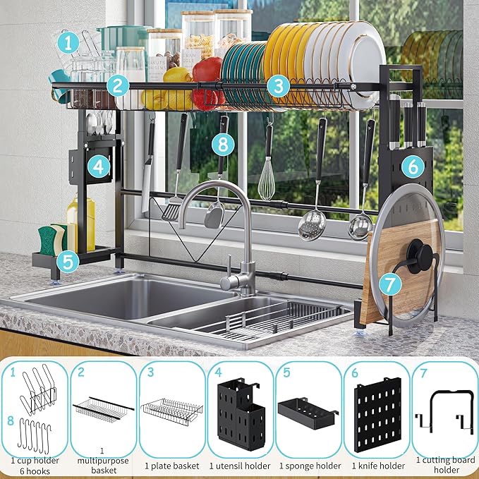 MINGLING Over The Sink Dish Drying Rack, Expandable Height and Length, Large Capacity Stainless Steel Sink Rack, Kitchen Storage and Organization, 24.4"-38.2" L x 9.84" W x 17.7"-22.1" H