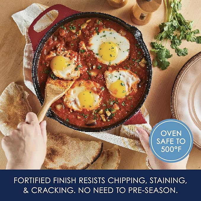 Rachael Ray NITRO Cast Iron Frying Pan/Skillet with Helper Handle and Pour Spouts, 10 Inch, Red