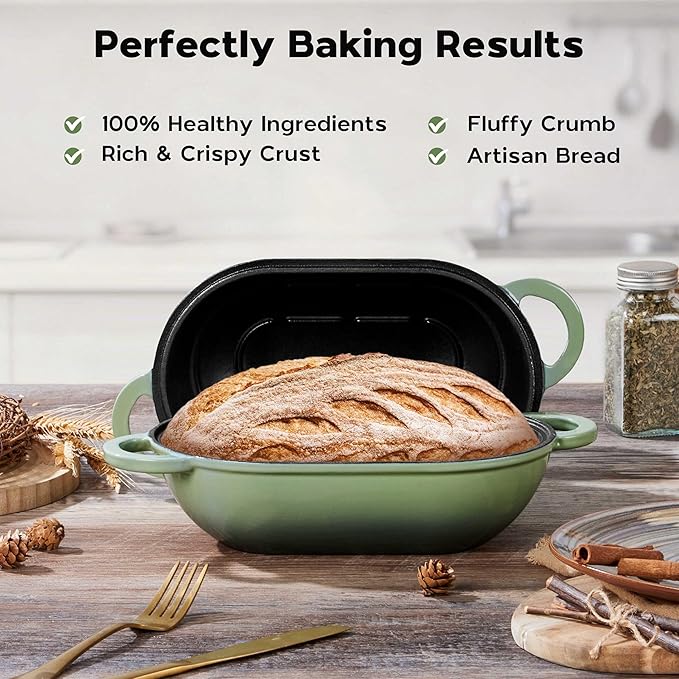 Onader Enameled Cast Iron Oval Dutch Oven for Bread Baking, 9x5-1/2 Inch Loaf Cast Iron Bread Oven Pan with Lid, 2.8QT Meatloaf Pan for Sourdough, Heavy Duty - Pistachio Green