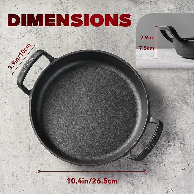 onlyfire Pre-Seasoned Cast Iron Skillet, Round Frying Pan with Nonstick Grill Surface and Dual Handles, 10 Inch Cast Iron Pan - Compatible With All Stovetops - Oven Safe & Rust Resistant