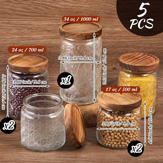Gerrii 5 Pcs Vintage Glass Food Storage Containers 17/24/34 oz Glass Jar with Lid Airtight Candy Jar Food Canisters for Kitchen Counter Pantry Coffee Beans (Begonia, sunflower, window Grilles Round)