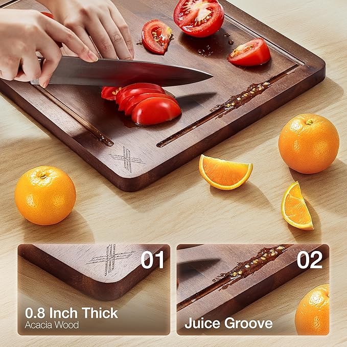 Acacia Wood Cutting Board Set of 3 (16 x 12/14 x 10/12 x 8), Walnut - 0.8 in Extra Thick Wooden Chopping Boards with Deep Juice Grooves - Non-Slip, Non-Toxic & Durable Boards for Meat & Vegetables