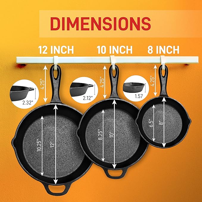 NutriChef 3pc Cast Iron Skillets - Pre-Seasoned Cast Iron Cookware with Drip Spout, Silicone Handles, For All Cooktops