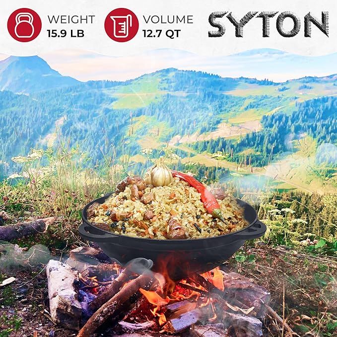 Dutch Oven Pot with Lid Syton (12.5 Quarts (12 L) - Camping Dutch Oven - Cast Iron Cookware Set - Uzbek Kazan Cast Iron – Premium Camping Cookware – 2 in 1 Lid as Frying Pan + Cauldron