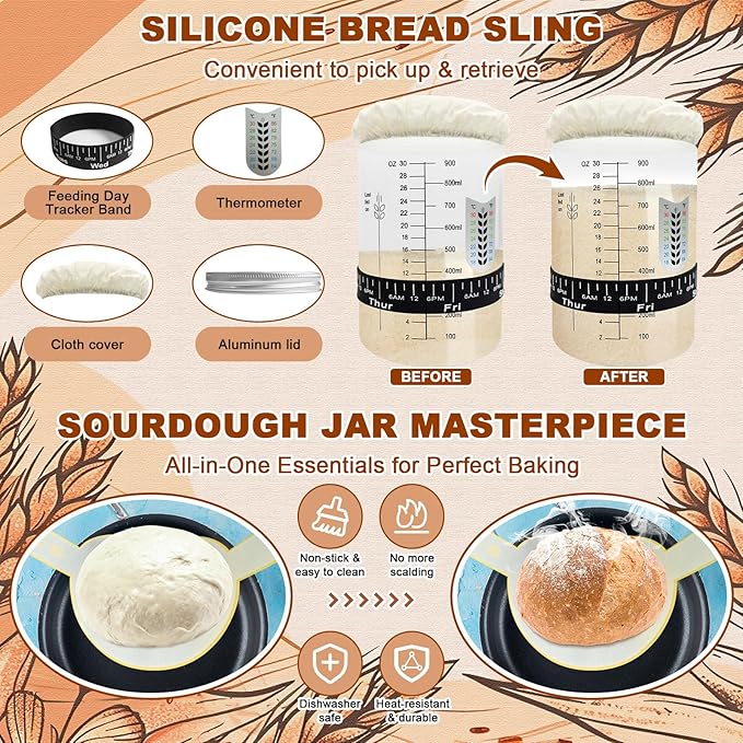 Sourdough Starter Kit,Sourdough Bread Baking Supplies, 9" Round and 10" Oval Banneton Bread Proofing Basket Set with Glass Sourdough Starter Jar, Sourdough Bread Making Tools Kit Gifts for Women Mom