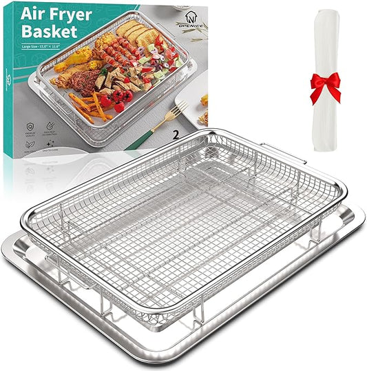 Air Fryer Basket for Oven, OPENICE 15.3" x 11.0" Large Air Fryer Tray and Pan with 30PCS Parchment Papers, Stainless Steel Oven Air Fryer Basket and Tray for Baking Grilling