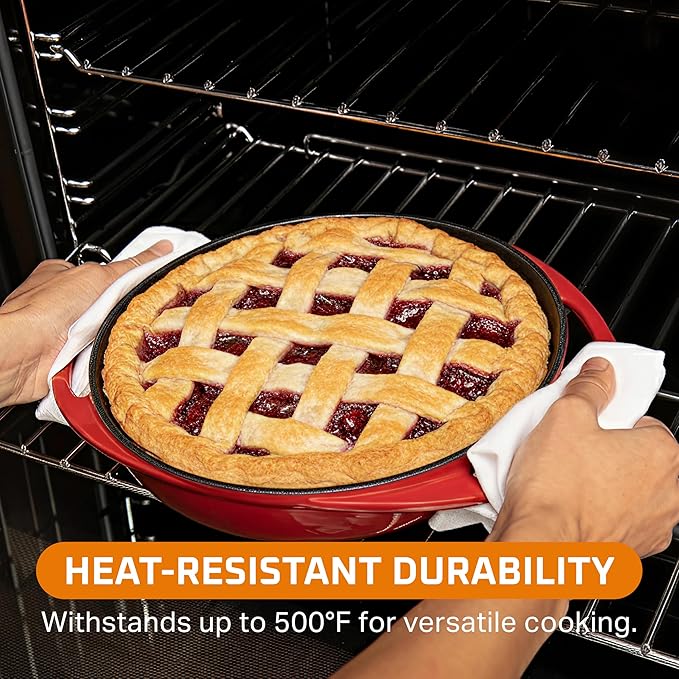 Bruntmor 9.5-Inch Red Enameled Cast Iron Pan - Oven Safe Deep Dish Pizza Pan with Dual Handles - Pie Dish for Baking - Even Heat Distribution - Durable Nonstick Enamel Finish for Versatile Cooking