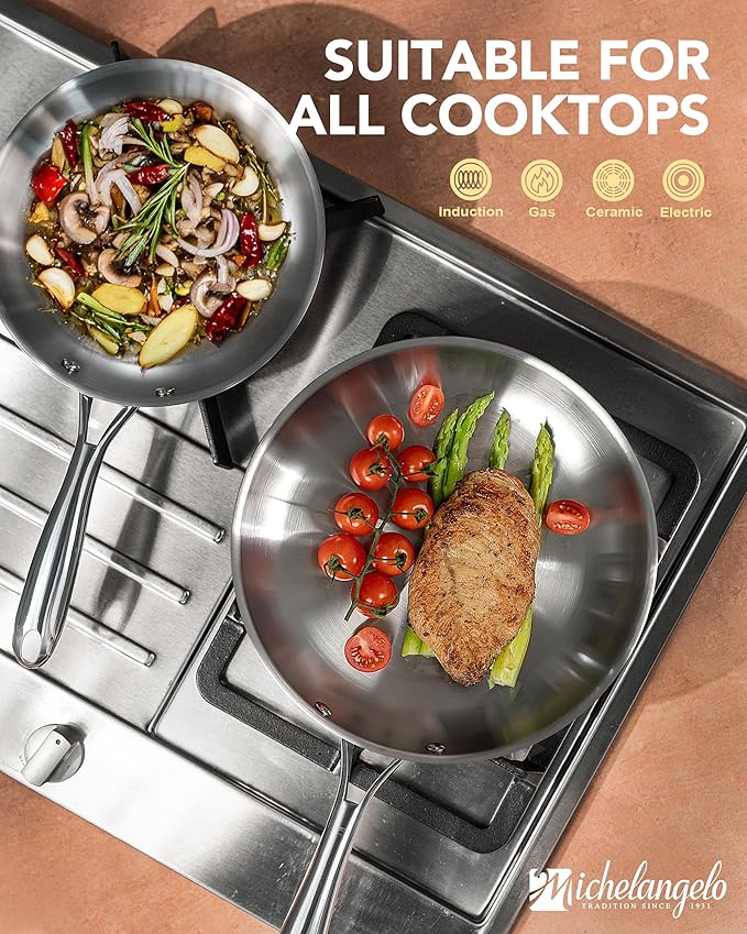 MICHELANGELO Tri-Ply Stainless Steel Frying Pan Set, 8" 9.5" 11" Skillets, Full Clad Stainless Steel Pans for Even Heating, Durable Cooking Pan Set for Home Chefs & Everyday Cooking