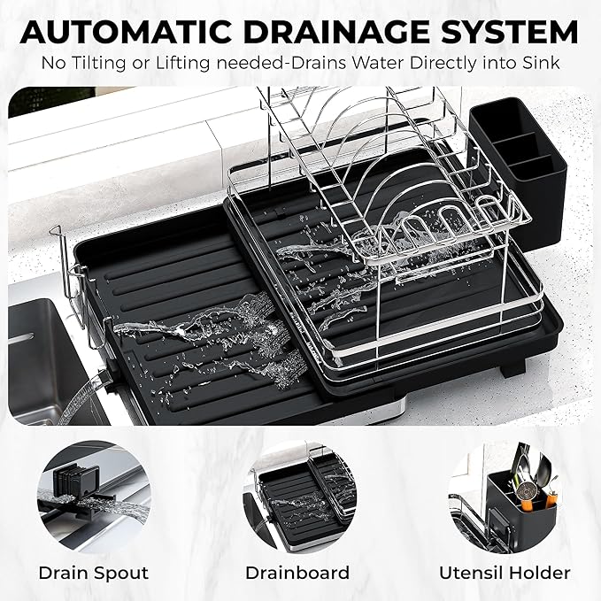 Pumokc Dish Drying Rack, Expandable Large Capacity 2 Tier Dish Drying Rack, Stainless Steel Dish Drainer with Utensil Holder, Adjustable Width for Kitchen Counter,Black