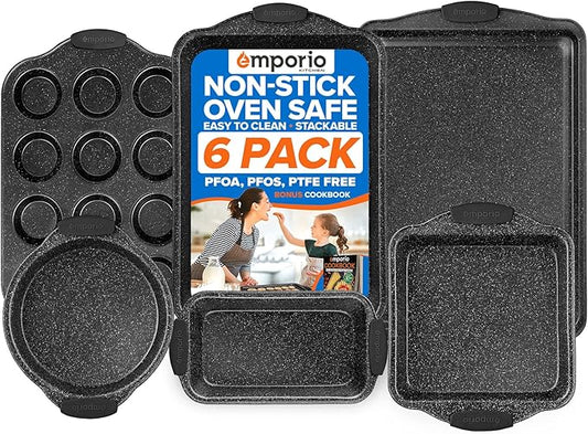 Baking Pan Set - Nonstick Coating, Carbon Steel Bakeware Set with Red Silicone Handles, PFOA, PFOS, PTFE Free, Recipe Booklet Included, Oven Safe Tray (Up To 450° F), Set of 6 - Black