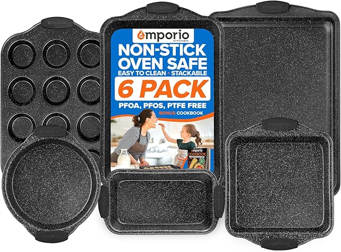 Baking Pan Set - Nonstick Coating, Carbon Steel Bakeware Sets with Gray Silicone Handles, PFOA, PFOS, PTFE Free, Recipe Booklet Included, Oven Safe Tray (Up To 450° F), Set of 6 - Gray