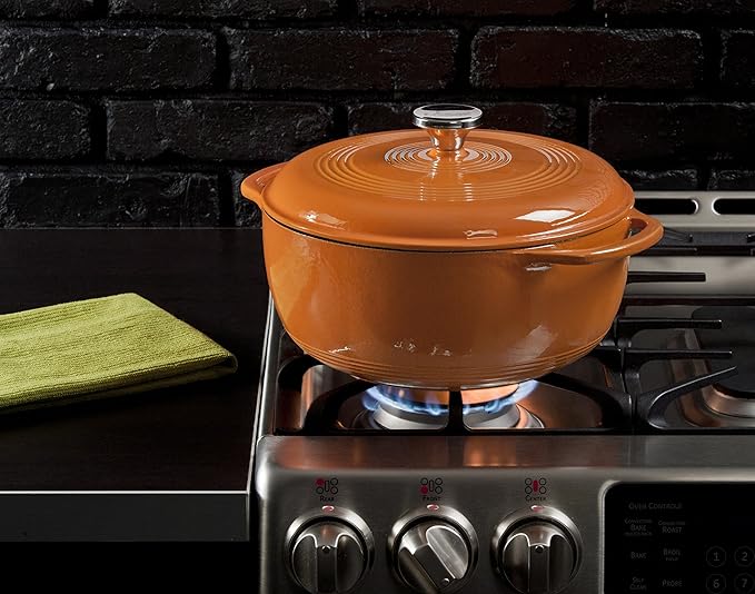 Lodge Essential Enamel Cast Iron Dutch Oven - Perfect for Bread Baking, Braising, Marinating & Slow Cooking - Features Moisture-Sealing Lid & Dual Handles - Kitchen Essentials - 6 Quarts - Pumpkin