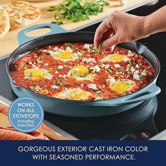 Rachael Ray Nitro Cast Iron Skillet with Side Handles, 14 inch, Agave Blue