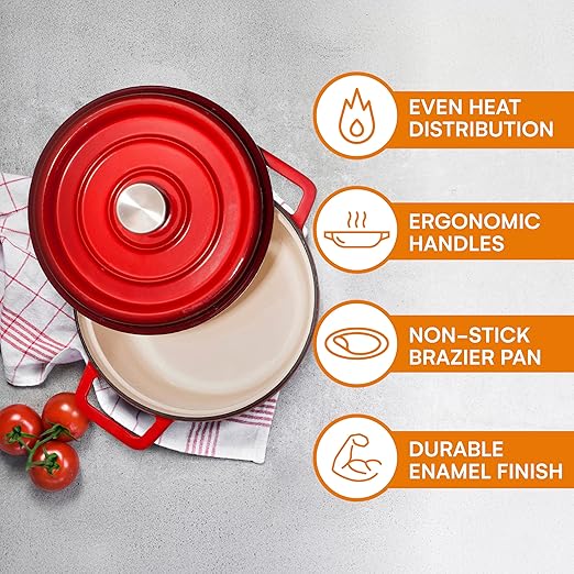 Bruntmor Pre-Seasoned Enameled Cast Iron Dutch Oven with Lid and Handle - 5.2 Quart Heavy Duty Casserole Dish for Cooking, Baking, and Braising - Oven Safe, Durable, Round Cast Iron Cooking Pot - Red