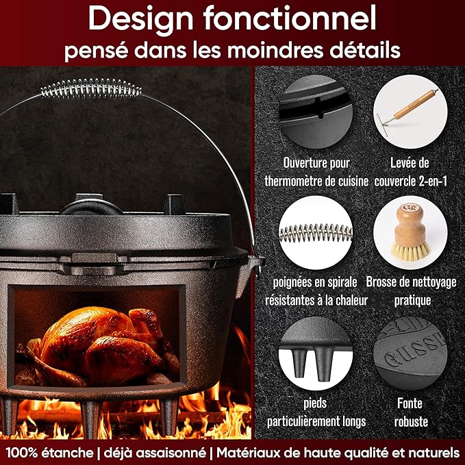 Pre-Seasoned Dutch Oven Set - 7 Quart Cast Iron Dutch Oven Pot with Lid, Fire Pot with Feet for Bread Baking & Cooking - Includes 2-in-1 Lid Lifter, Brush & Recipe Book [for 3-5 People]