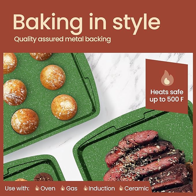 Green 10-Piece Bakeware Sets, Nonstick Carbon Steel Baking Sheet & Pans, Stackable Space-Saving Bakeware, Dishwasher Safe, Stain-resistant, PFOAPFOSPTFE Free, Oven Safe Up To 450°F (230°C)