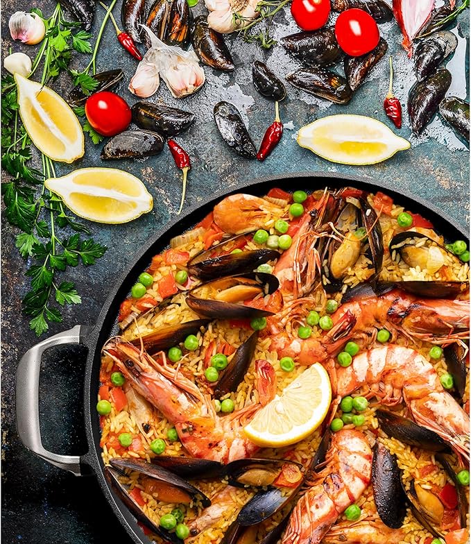 Outset Grill Paella and Deep Dish Pizza Pan, Cast Iron BBQ Pan with Handles, 18.15” x 14.11” x 1.25"