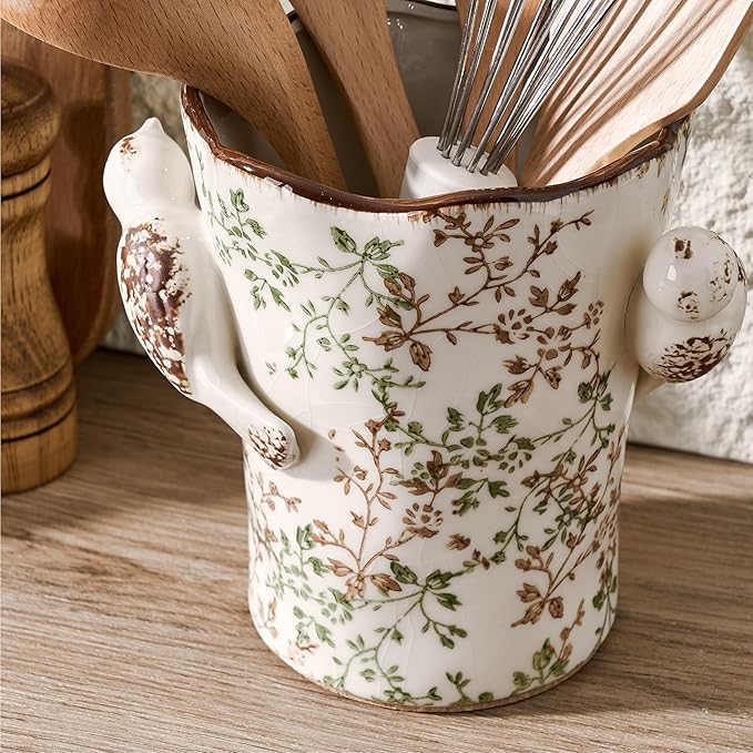 6.34“H Utensil Holder for Kitchen Counter, Modern Farmhouse Cooking Utensil Holder and Crock Home Kitchen Decor, Ceramic Utensil Organizer for Spatula, Ladle, Eggbeater, Rolling Pin- Green and Beige