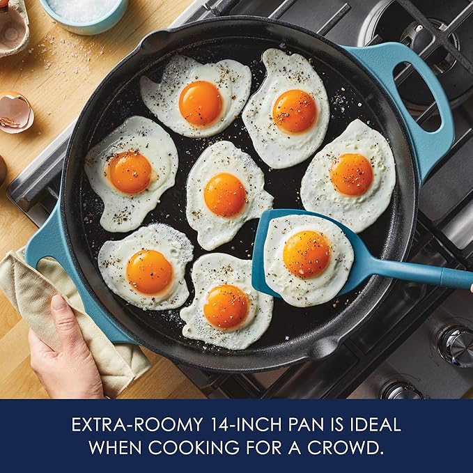 Rachael Ray Nitro Cast Iron Skillet with Side Handles, 14 inch, Agave Blue