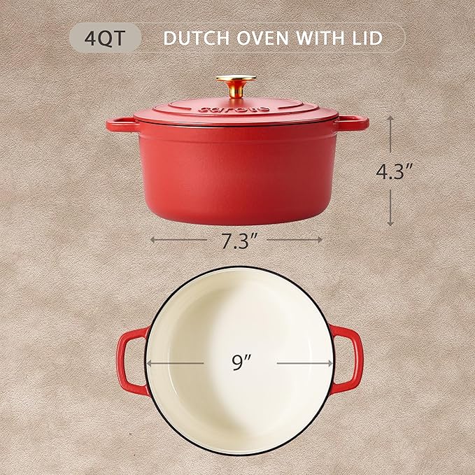 CAROTE Enameled Cast Iron Dutch Oven Pot with Lid, 4 QT Dutch Ovens, Heavy-Duty Cast Iron Pot for Sourdough Bread Baking, Braising, Stews, Roasting, Healthy & Non-Toxic, Dual Handles, All Stovetop Compatible, Oven Safe up to 500° F, Red
