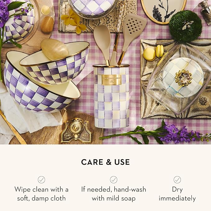 MACKENZIE-CHILDS Enamel Utensil Holder, Stylish Kitchen Countertop Organizer, Purple-and-White Violet Check