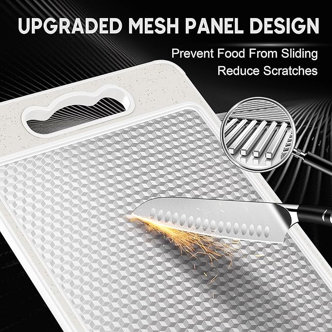Double Sided 304 Stainless Steel & Wheat Straw Cutting Board, 14.4"*9.8" Non Toxic Lightweight Chopping Board, Separately Handle Meat and Vegetables, Dishwasher Safe, Scratch Resistant Mesh Design