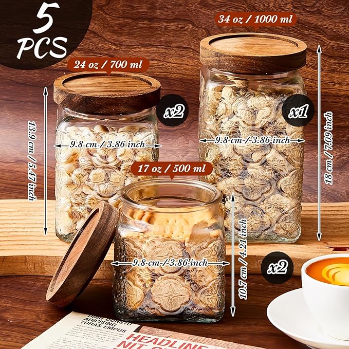 Gerrii 5 Pcs Begonia Pattern Square Vintage Glass Food Storage Containers 17/24/34 oz Glass Jar with Lid Airtight Candy Jar Food Canisters for Kitchen Counter Pantry Coffee Tea Beans