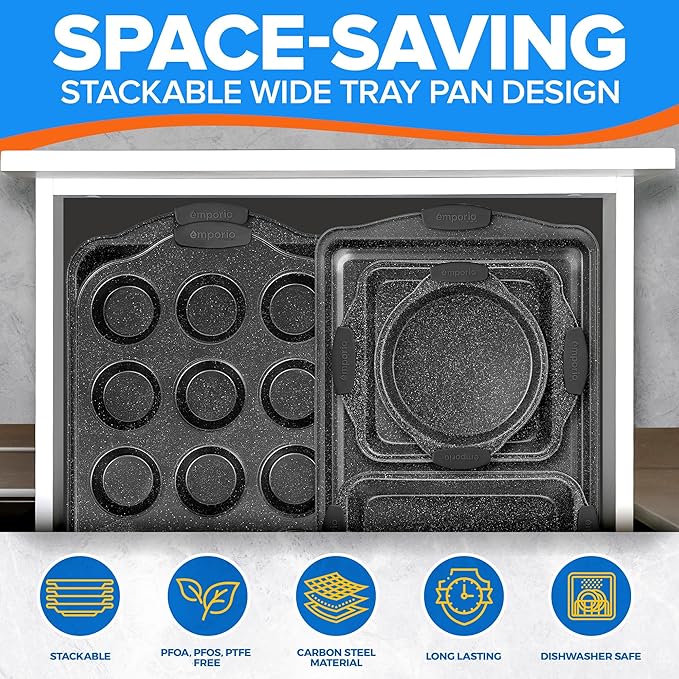 Baking Pan Set - Nonstick Coating, Carbon Steel Bakeware Sets with Gray Silicone Handles, PFOA, PFOS, PTFE Free, Recipe Booklet Included, Oven Safe Tray (Up To 450° F), Set of 6 - Gray