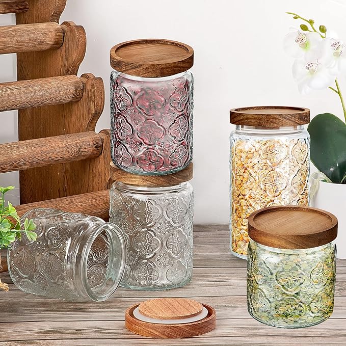 Gerrii 5 Pcs Begonia Pattern Round Vintage Glass Food Storage Containers 17/24/34 oz Glass Jar with Lid Airtight Candy Jar Food Canisters for Kitchen Counter Pantry Coffee Tea Beans
