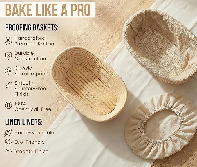 Kook Banneton Bread Proofing Baskets, Artisan Sourdough Bread Making Baskets, 9.8 Inch Handwoven Rattan Baskets and Cloth Liners, Set of 2, Oval