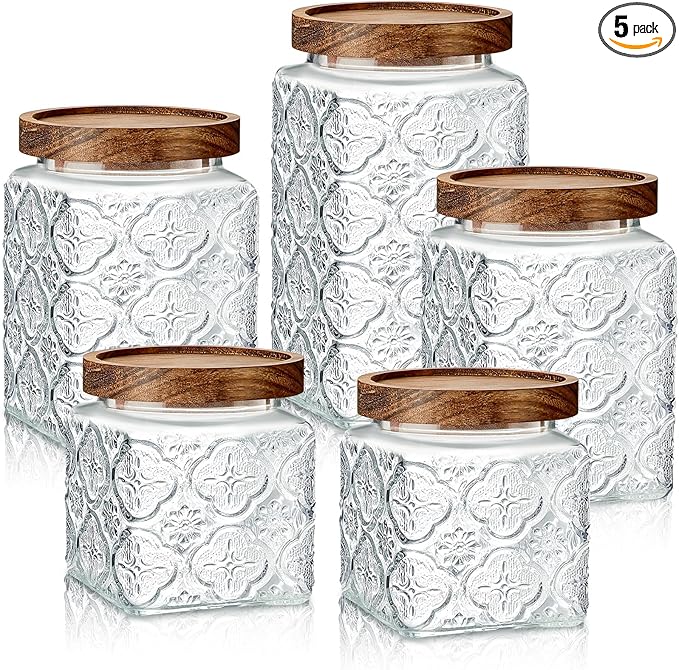 Gerrii 5 Pcs Begonia Pattern Square Vintage Glass Food Storage Containers 17/24/34 oz Glass Jar with Lid Airtight Candy Jar Food Canisters for Kitchen Counter Pantry Coffee Tea Beans