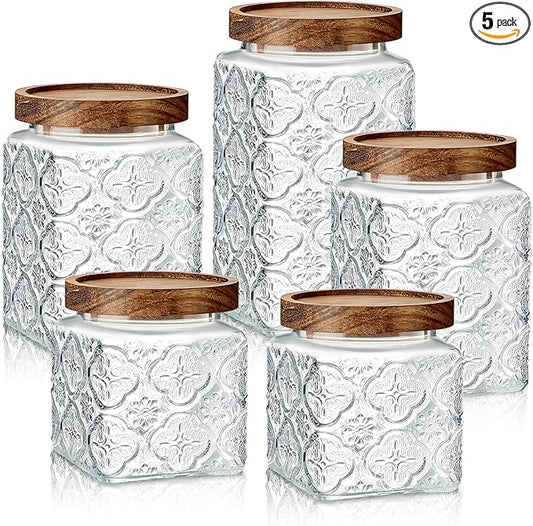 Gerrii 5 Pcs Begonia Pattern Square Vintage Glass Food Storage Containers 17/24/34 oz Glass Jar with Lid Airtight Candy Jar Food Canisters for Kitchen Counter Pantry Coffee Tea Beans