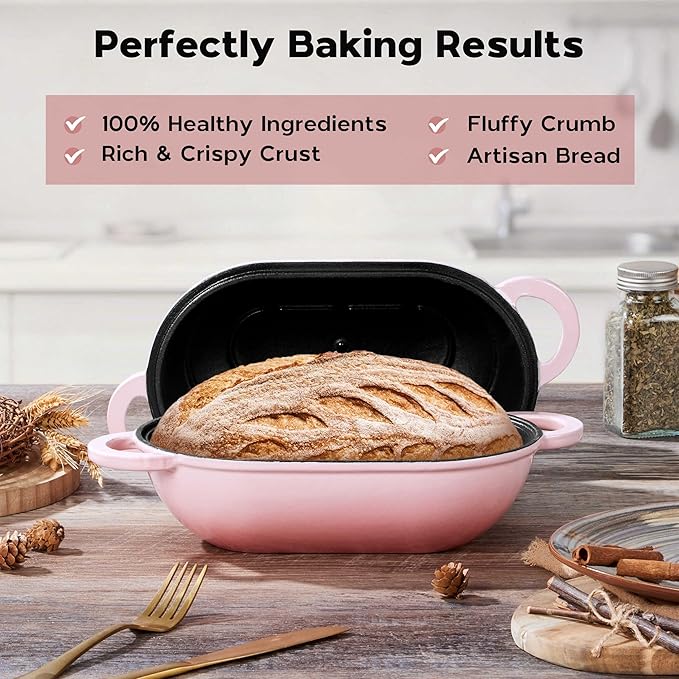 Onader Enameled Cast Iron Sourdough Bread Oven, 2.8QT Oval Dutch Oven, Loaf Cast Iron Bread Pan with Lid for Homemade Bread Baking, 9x5-1/2 Inch Meatloaf Pan, Heavy Duty - Pink