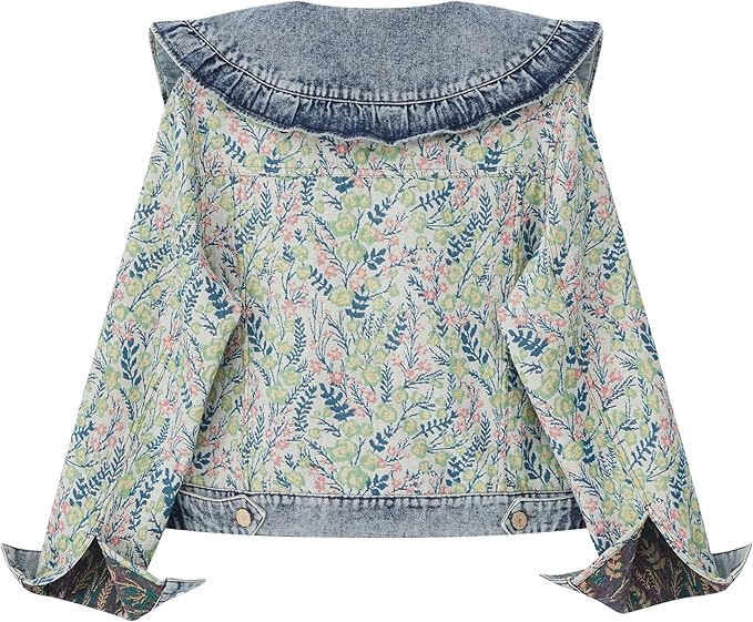 Xaspee Womens Peter Pan Collar Cropped Jean Jacket Embroidered Jacquard Long Sleeve Casual Floral Denim Jackets Coat