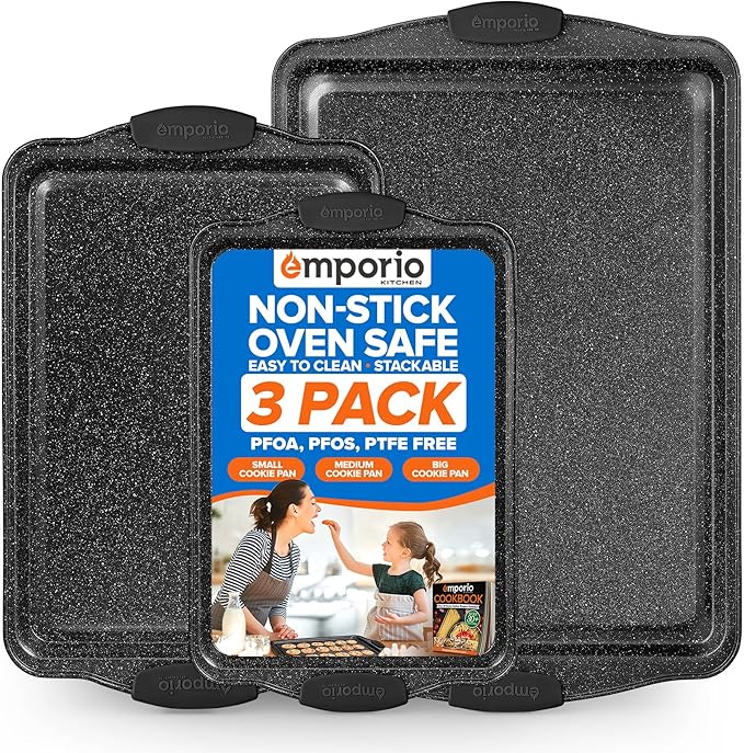 Baking Pan Set - Nonstick Coating, Carbon Steel Bakeware Sets with Gray Silicone Handles, PFOA, PFOS, PTFE Free, Recipe Booklet Included, Oven Safe Tray (Up To 450° F), Set of 3 - Gray
