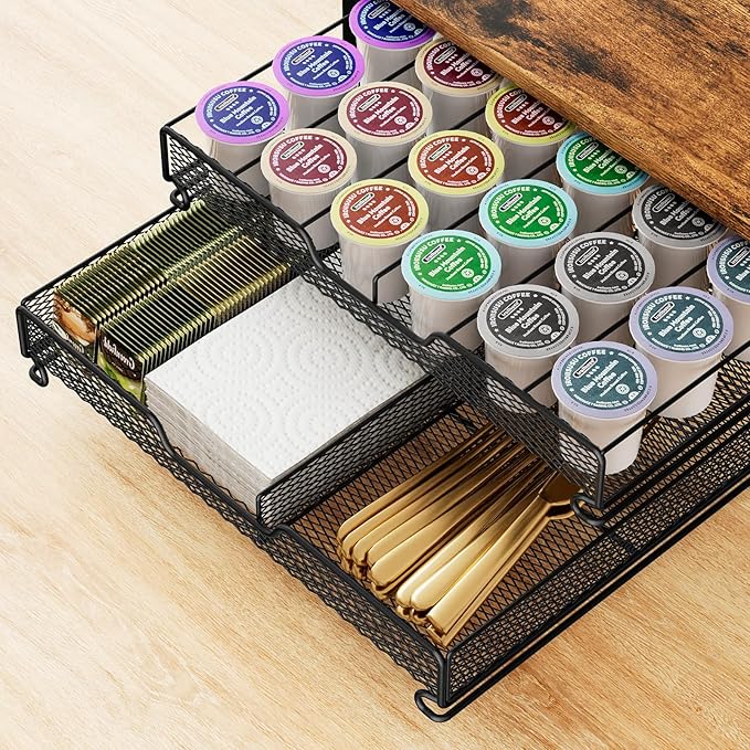 Coffee Bar Organizer Countertop Station Shelf, 4 Tier Mug Cup Holder Stand with 12 Hooks, 30 K Cup Coffee Pod Holder, Multifunctional Coffee Shelf Organizer for Accessories Station Kitchen