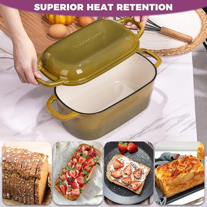 4.6-Quart Oval Dutch Oven for Bread Baking, 2 in 1 Enameled Cast Iron Bread Pan with Lid, Sourdough Bread Dutch Oven for a Crispy Crust, Olive