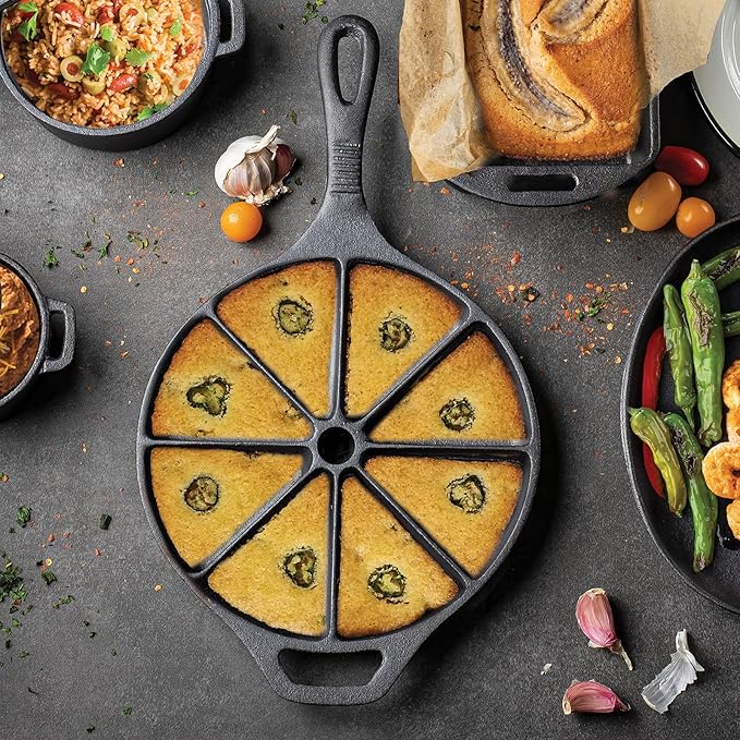 TableCraft 10750 Cast Iron Round Corn Bread Skillet with Handle, Pre-Seasoned 8-Wedge Divided Design, 8.75” Diameter x 15.625” Length – Bake Cornbread, Cakes, Frittatas & More – Durable, Even Heating