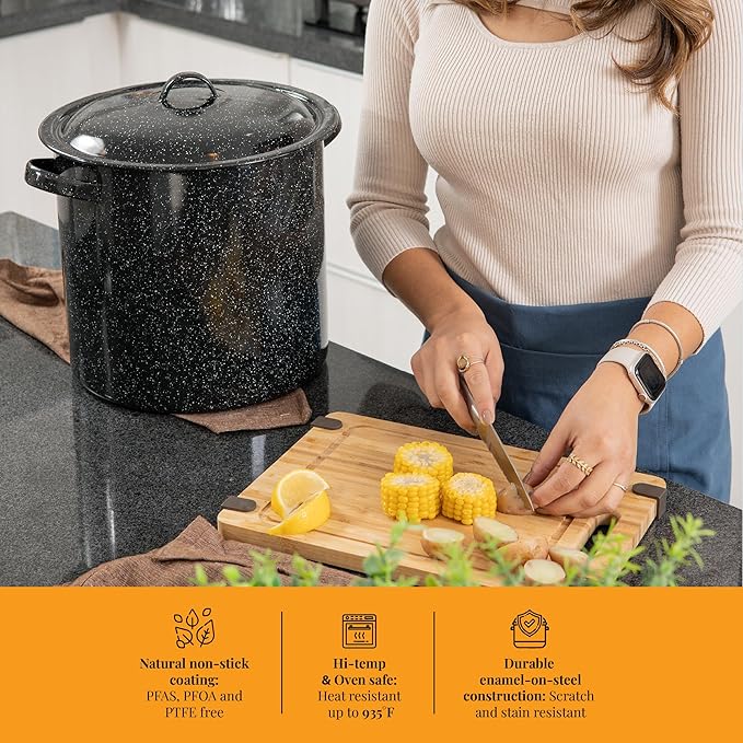 Granite Ware 15-Piece Seafood Set with 15.5 Qt Stock Pot, Lid & Steamer Insert and Seafood Tool Kit for Crab, Lobster, Shrimp Boiling.