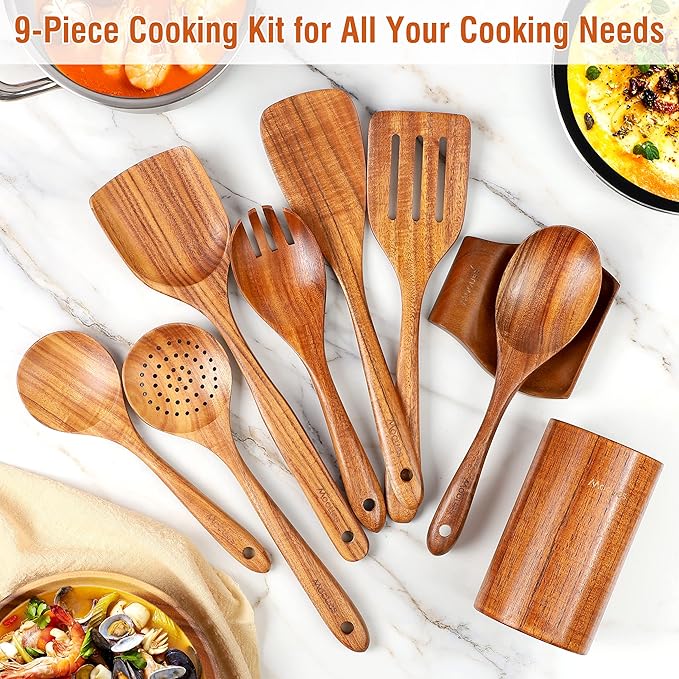 Wooden Spoons for Cooking, Wooden Utensils for Cooking Natural Teak Wooden Kitchen Utensils Set Comfort Grip(9 PCS SET GIFT BOX)