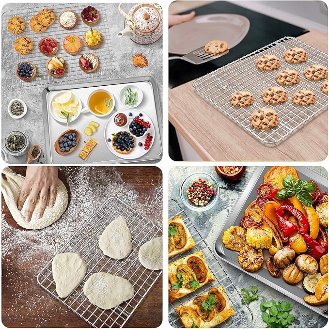 P&P CHEF 16 + 12.5 + 10.4 + 9 Inch Baking Sheet and Rack Set, 8Pcs Stainless Steel Cookie Sheets Oven Baking Pans Trays with Cooling Racks for Cooking, Oven & Dishwasher Safe, Pans with Grid Racks