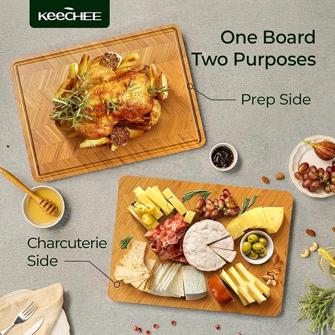 Atelier Collection Bamboo Cutting Board, Reversible Wood Chopping Boards for Kitchen with Juice Grooves, Handcrafted Large Serving Tray, Luxury Housewarming Wedding Gifts for New Home